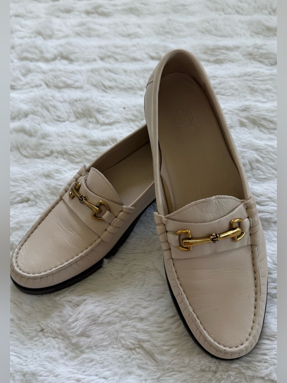 Massimo Dutti Ivory/Cream Leather Women's Loafers with Gold Horse Bit Hardware
